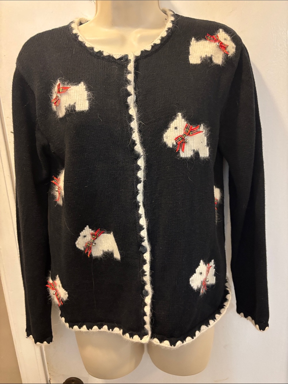 Talbots 8 Cardigan Sweater White Scottie Dog angora Holiday 26-384